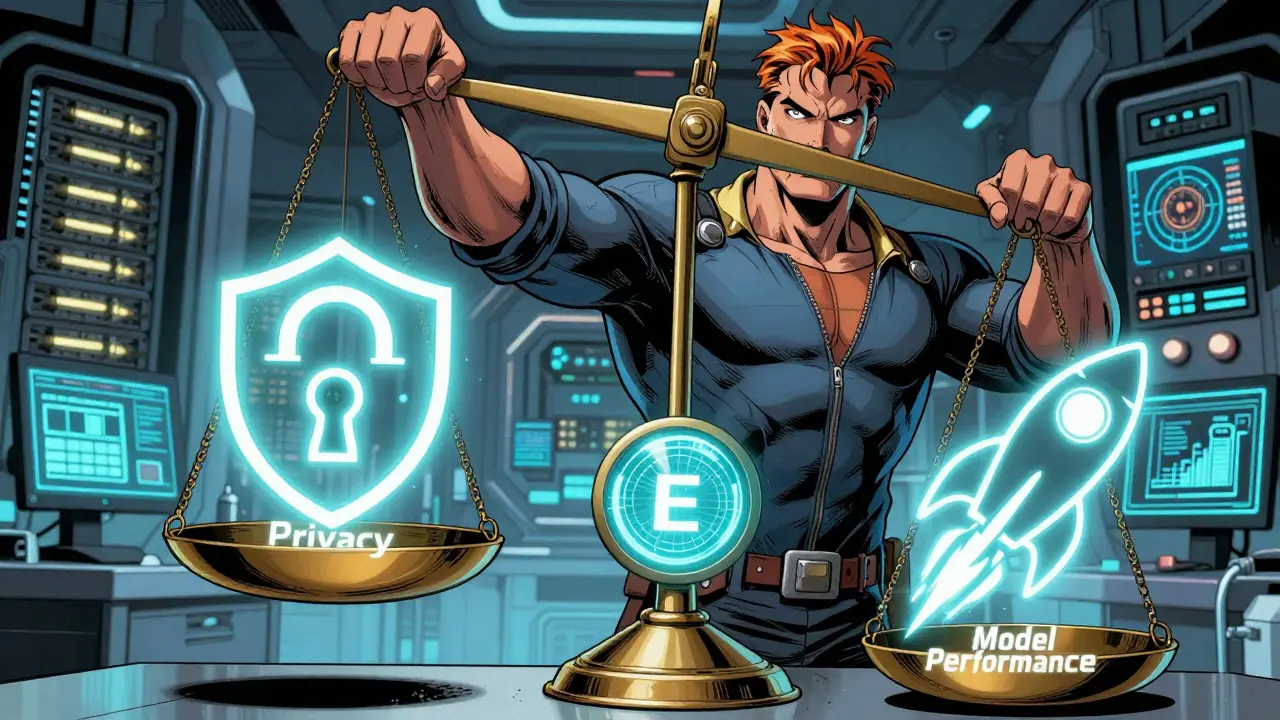 An engineer balancing privacy and performance using a holographic epsilon dial.