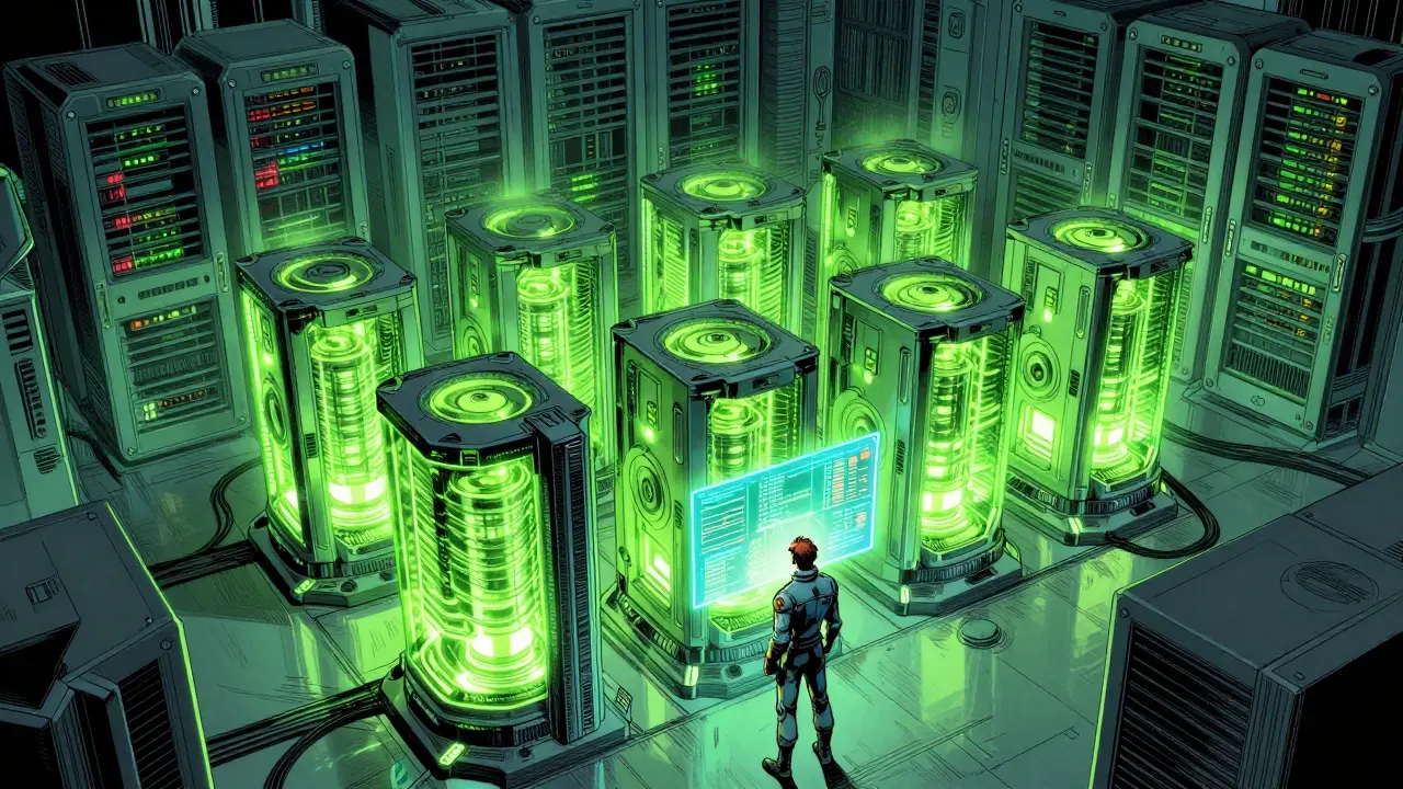 An engineer standing before a massive cluster of glowing GPU server cores in a vault.