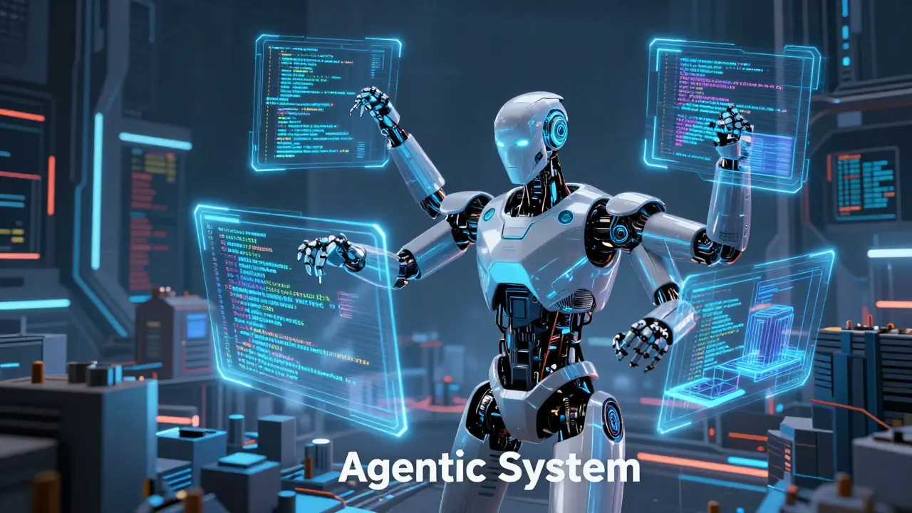 Autonomous robotic AI entity refactoring a massive digital codebase with multiple arms.