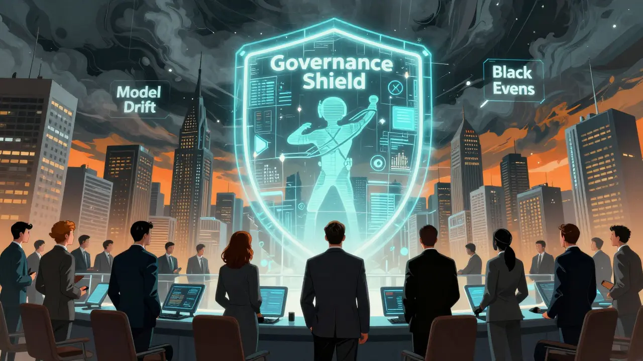 Board members managing a digital governance shield protecting a city from market volatility.
