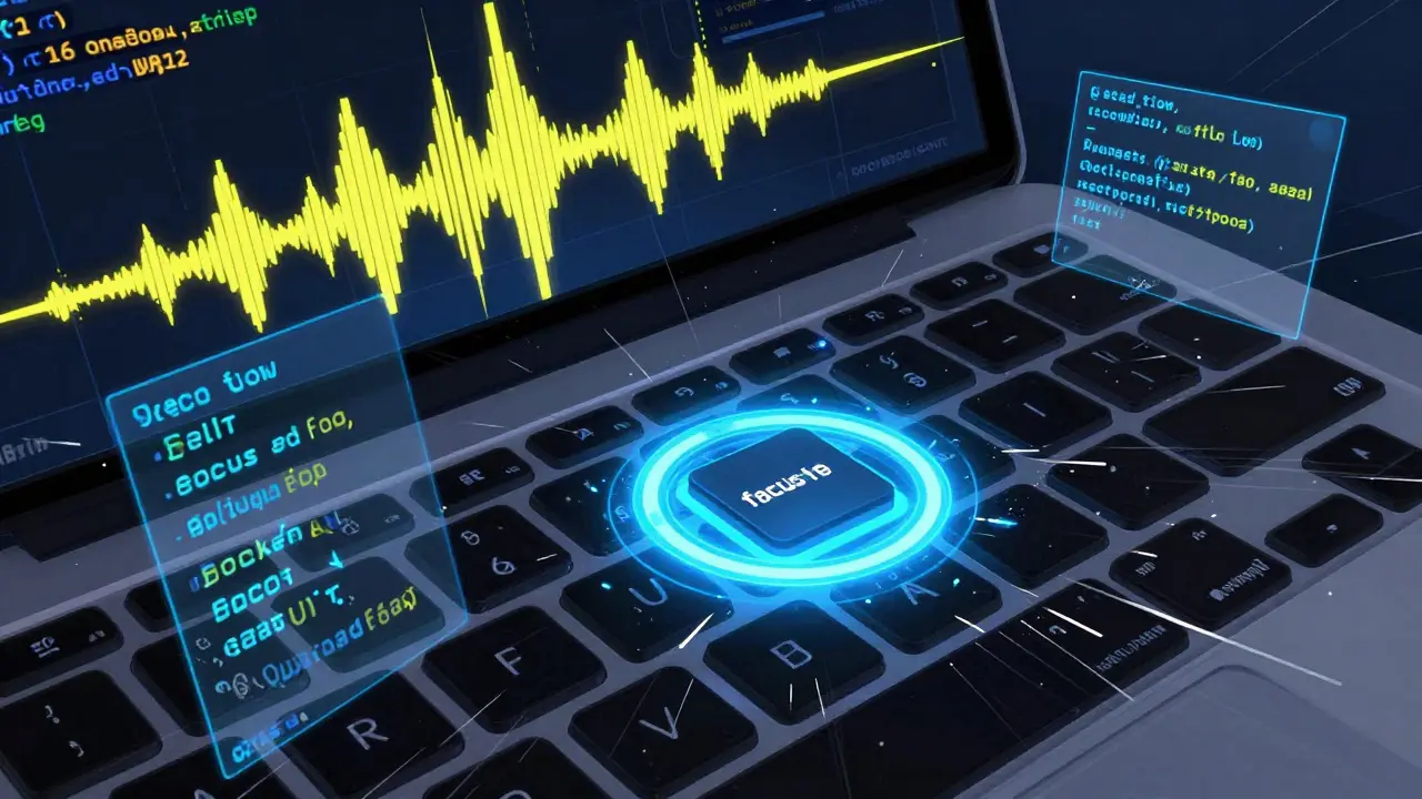 Close-up of a keyboard with a glowing focus ring and holographic ARIA code labels.