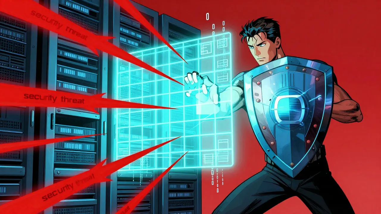 Comic art of a digital shield deflecting security threats with a grid of cyan energy.