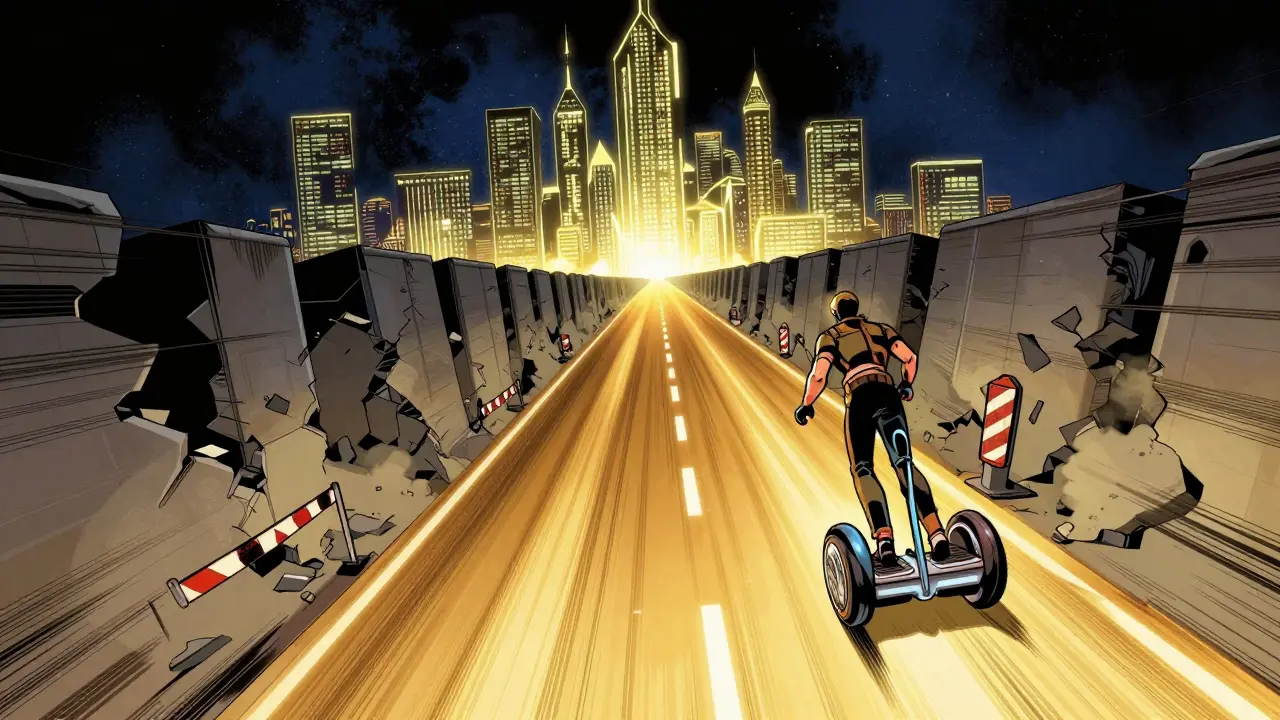 Comic illustration of a developer gliding fast on a glowing gold highway toward a digital city.