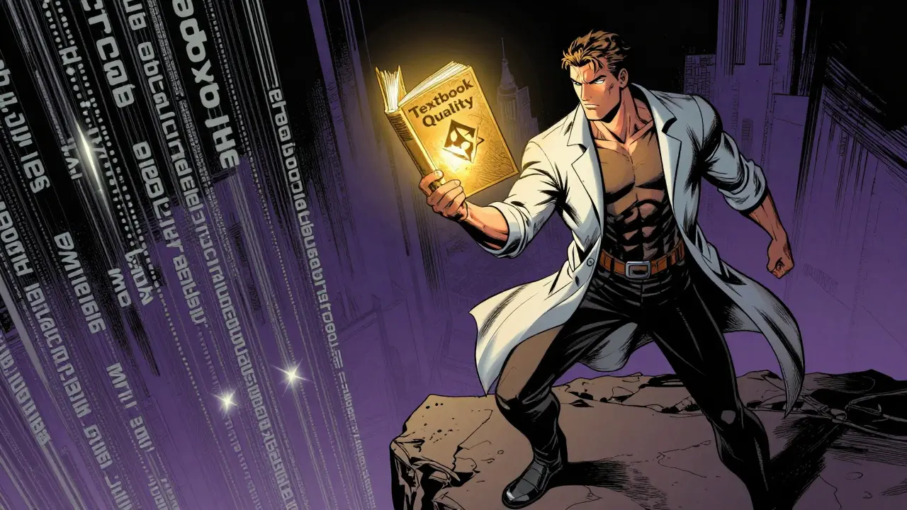 Comic illustration of a researcher at a digital cliff holding a glowing gold book.