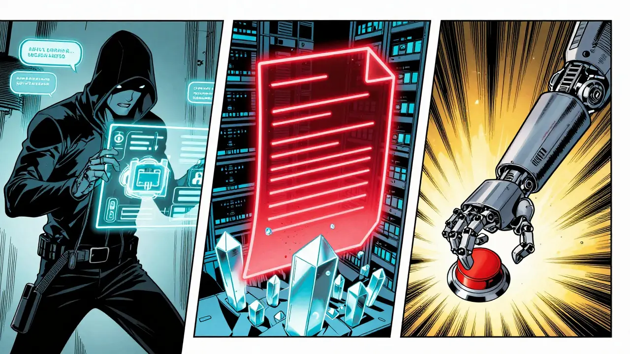 Comic panels showing prompt injection, data poisoning, and unauthorized API actions.