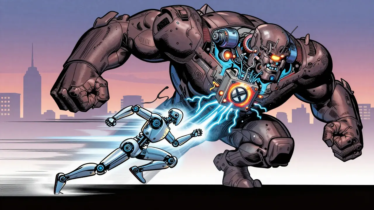 Comic style image of a small, fast AI core overtaking a massive, overheating computer.