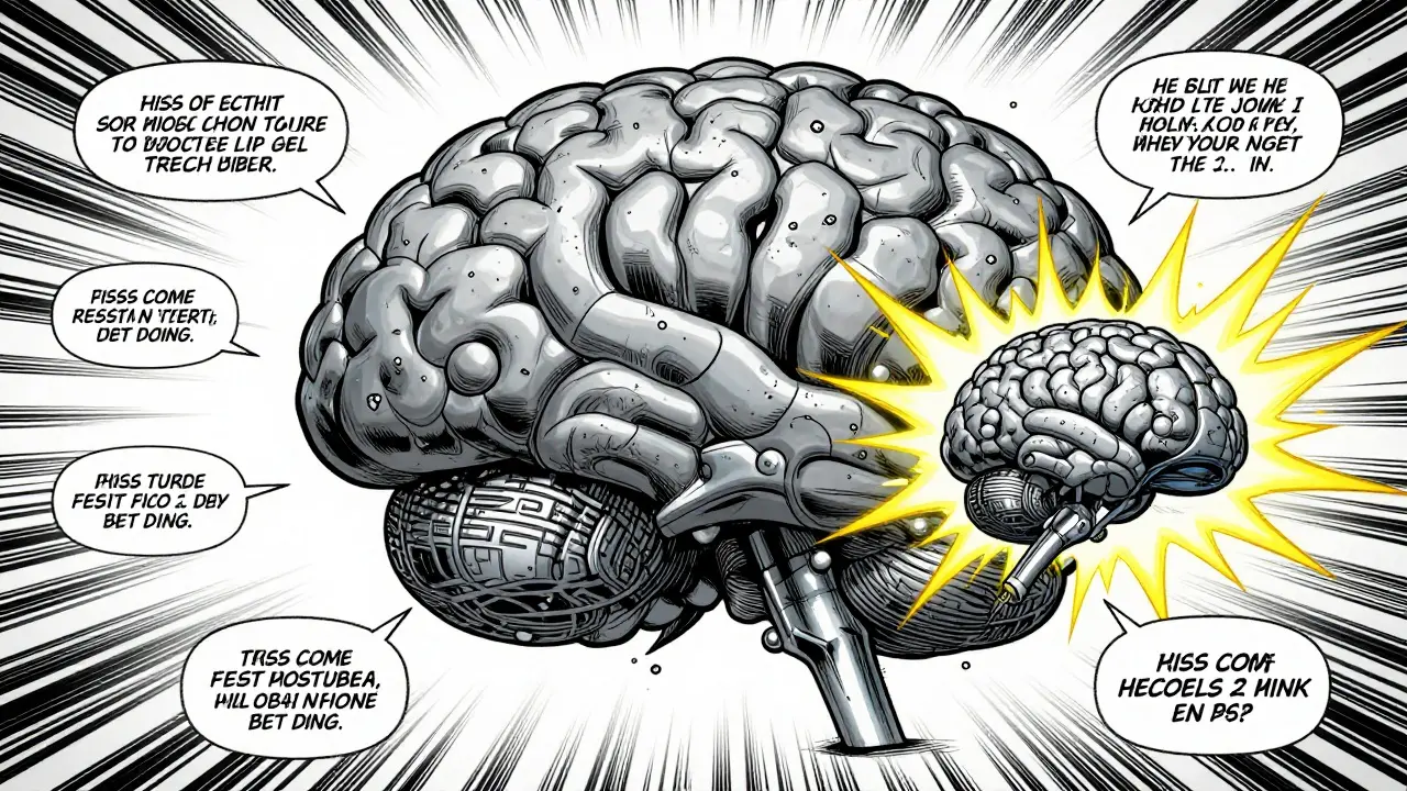 Comparison of a stable large AI and a volatile small AI with floating prompt bubbles.