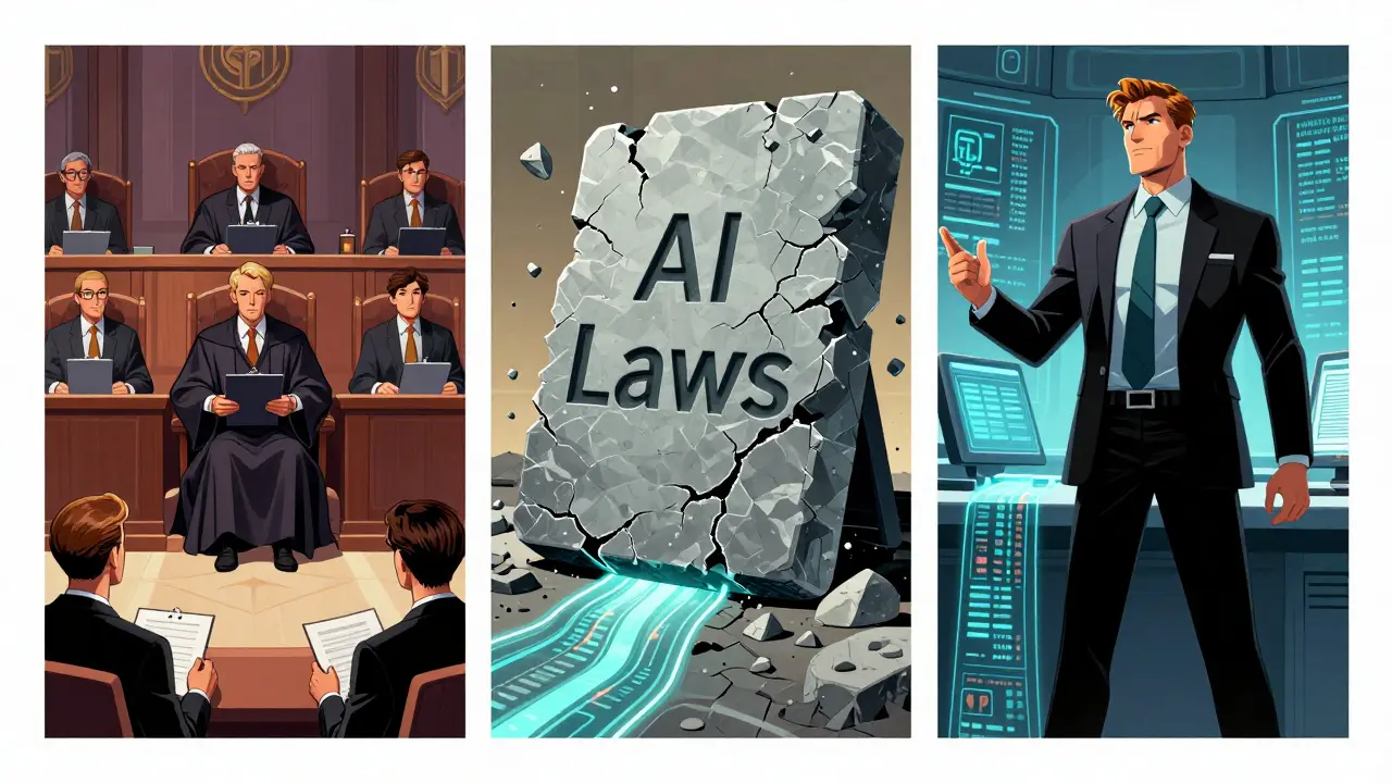 Comparison of bureaucratic councils, rigid policies, and an accountable leader in comic art.