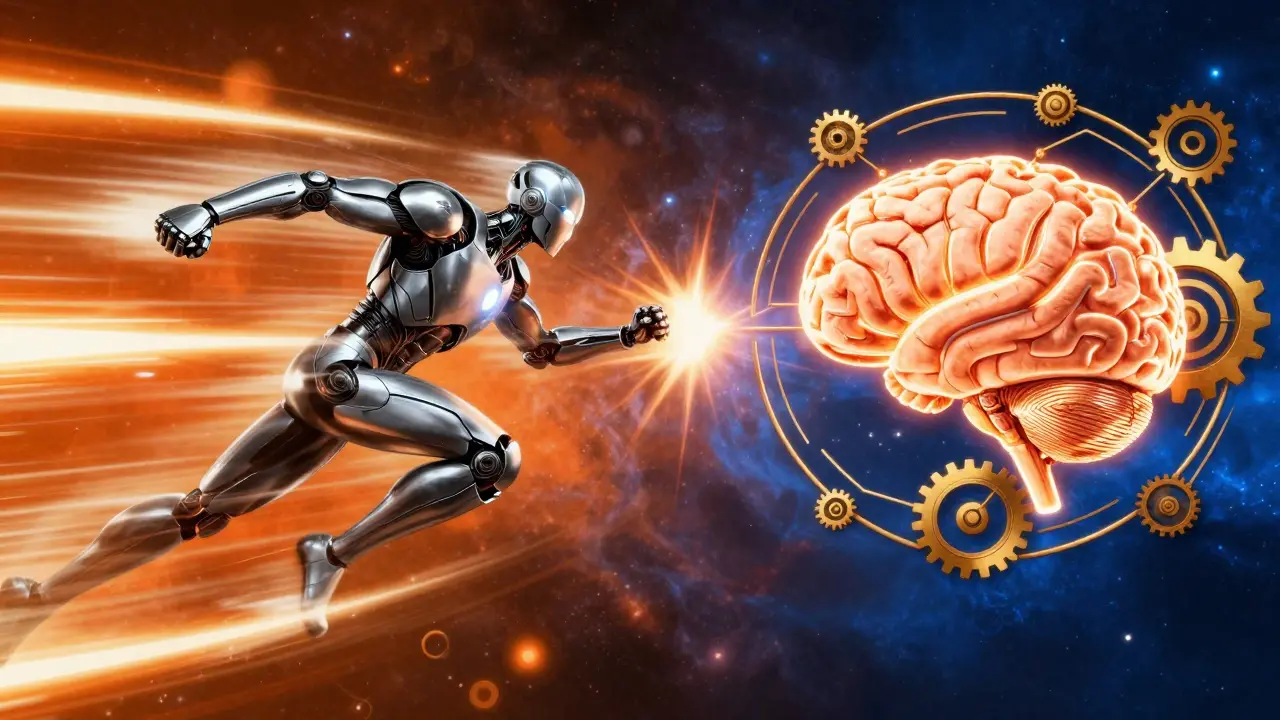 Conceptual comic art depicting the contrast between high-speed parallel decoding and deep logical reasoning.