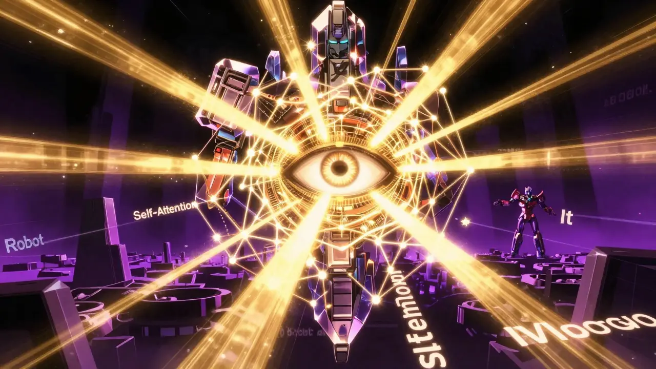 DC Comics style illustration of a glowing Transformer neural network with golden light beams