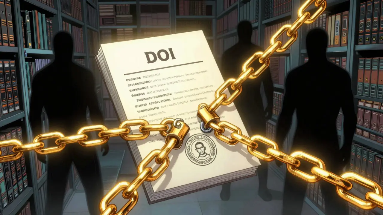 Digital chains linking a document DOI to a verified ORCID identity, DC Comics style.