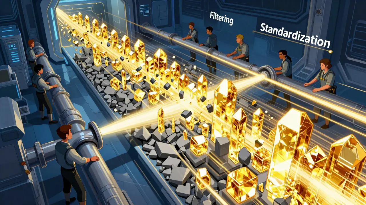 Futuristic command center filtering messy data into polished golden crystals