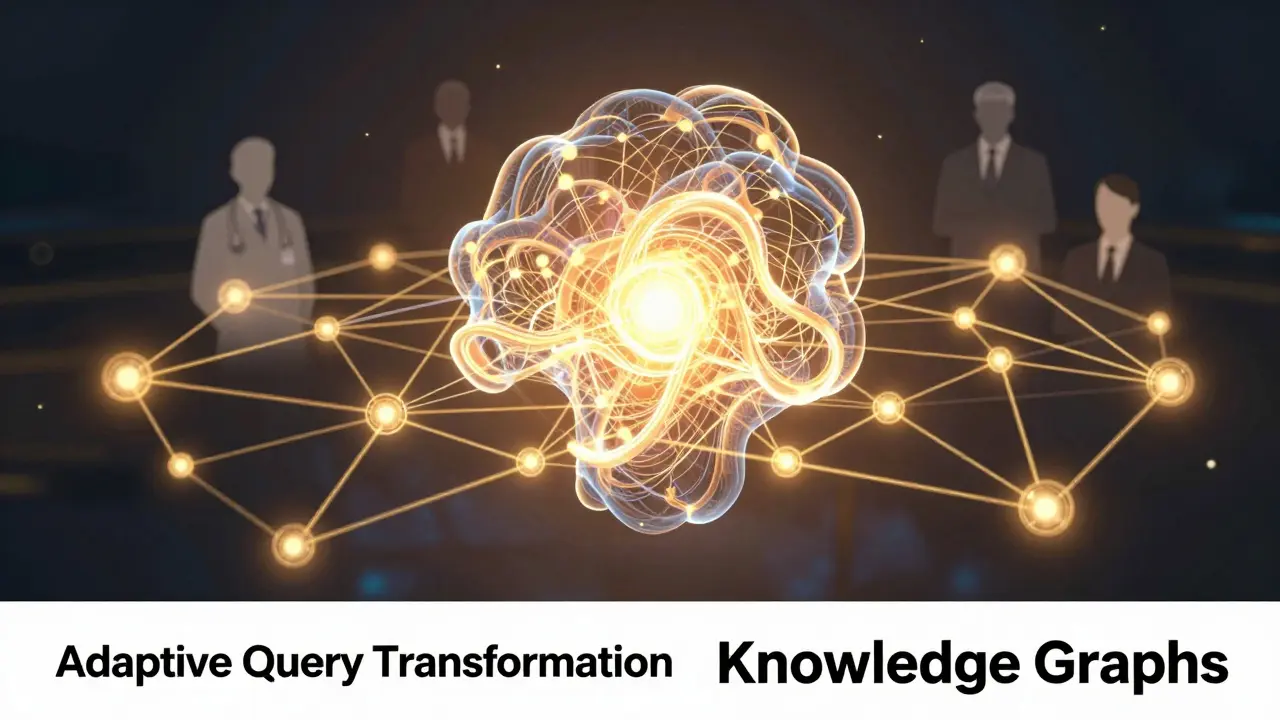 Glowing AI core weaving a complex knowledge graph in a DC comics style.