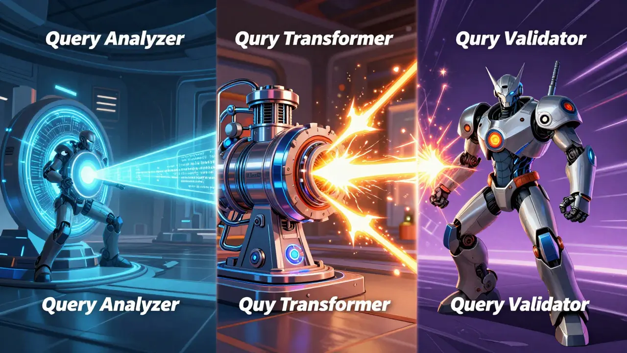 High-tech comic book processing hub showing query analysis, transformation, and validation.