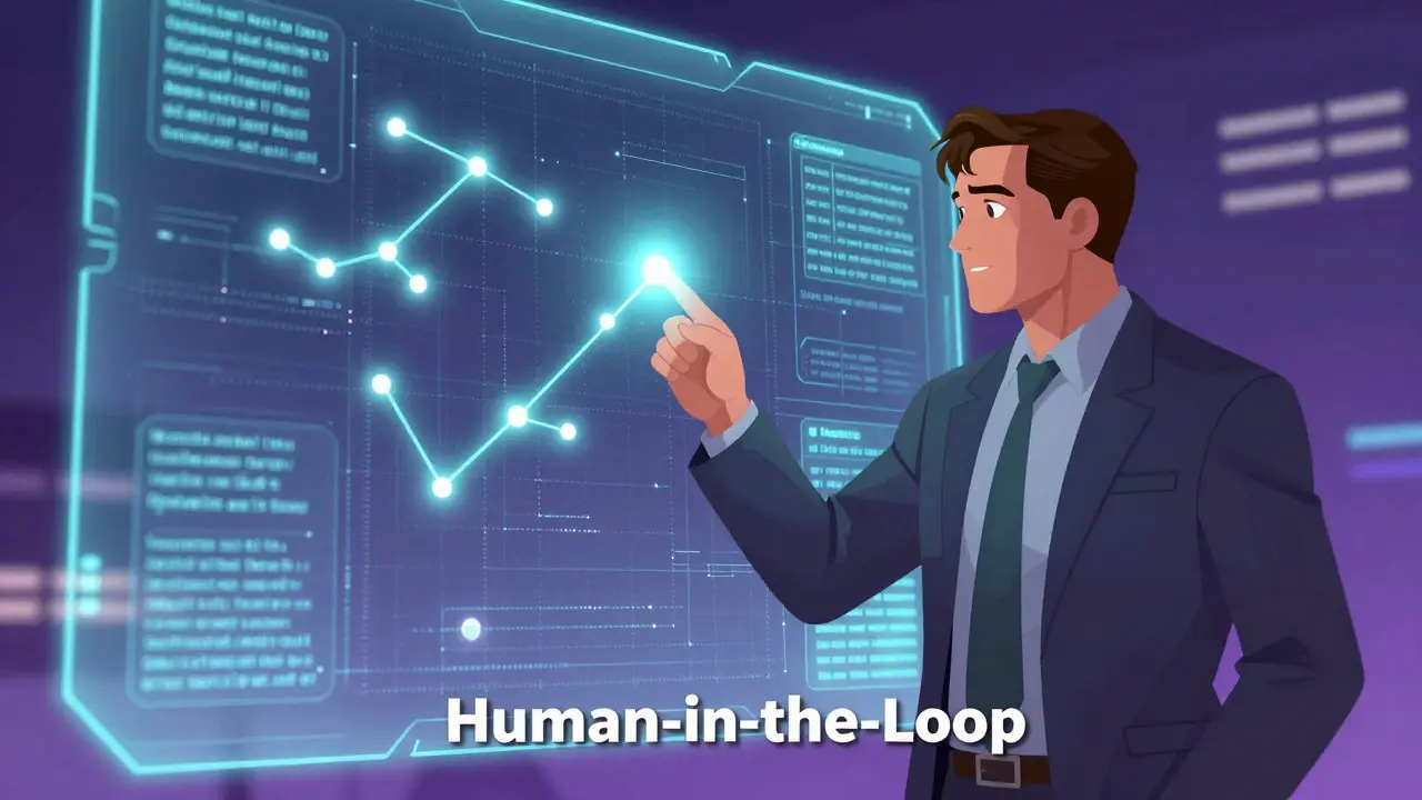 Human expert refining a holographic constellation of data points in a comic style
