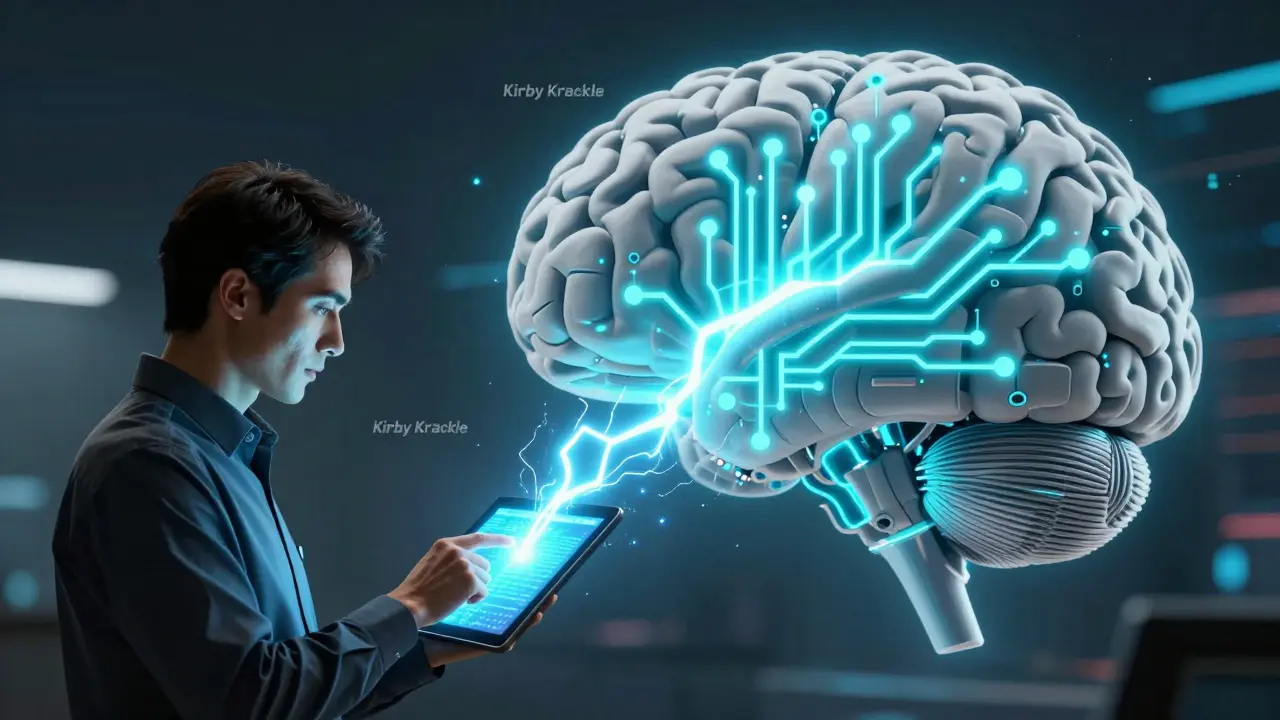 Human expert updating a mechanical AI brain with glowing electric energy feedback.