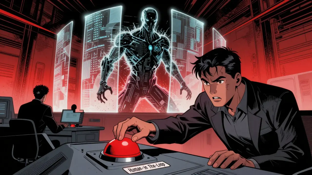 Human supervisor pressing a red emergency button to stop a glitching rogue AI agent.