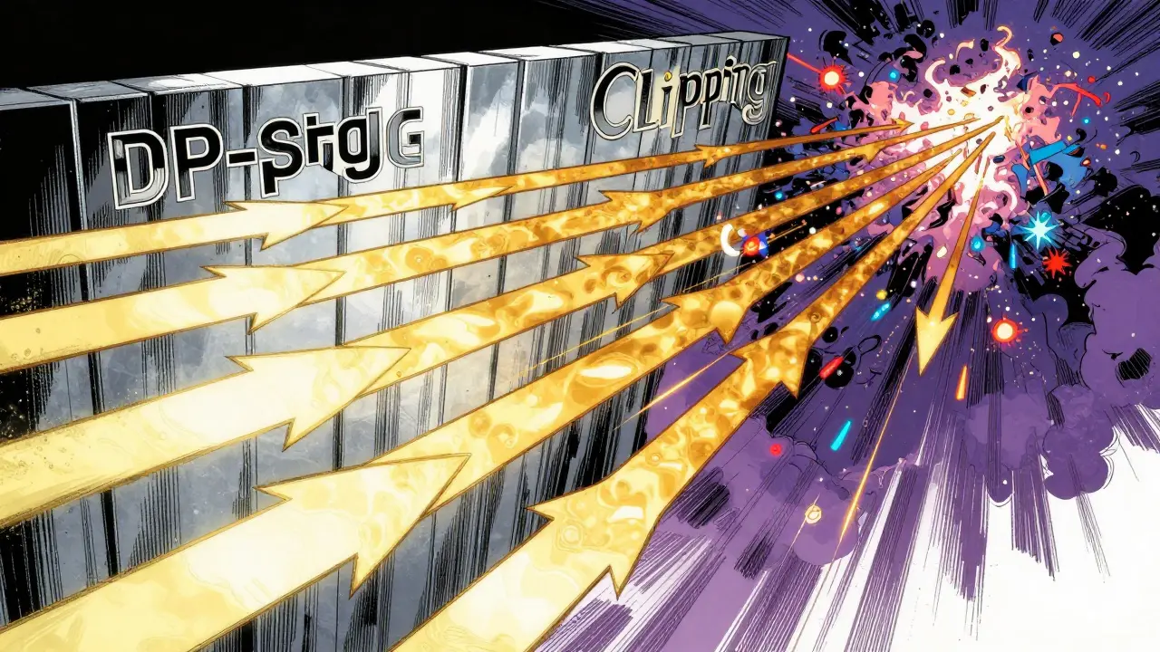 Mathematical gradients being clipped by a metal wall and mixed with colorful static noise.