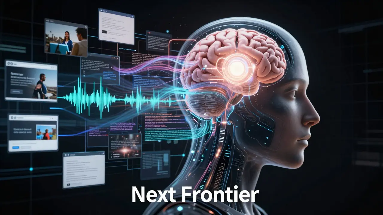 Multimodal AI agent processing visual and auditory data in a comic book style.