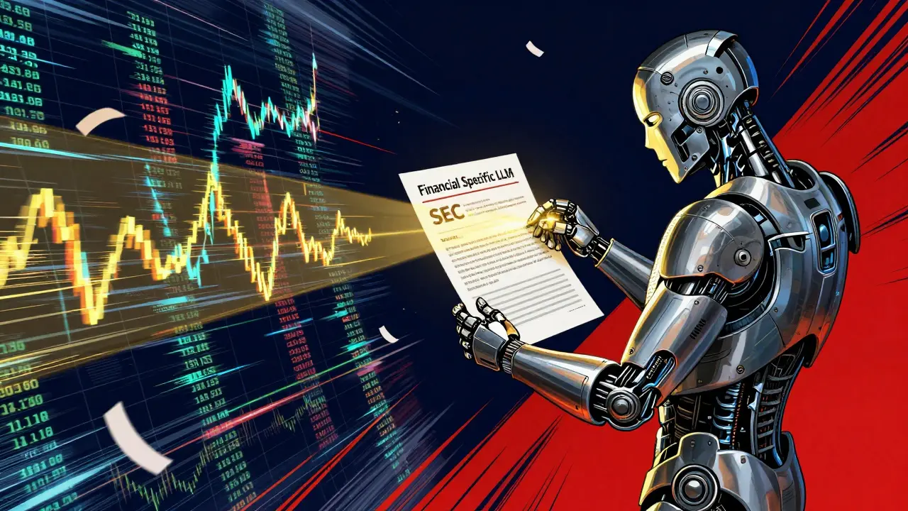 Split view showing a glitching AI hallucination versus a precise, specialized financial AI model.