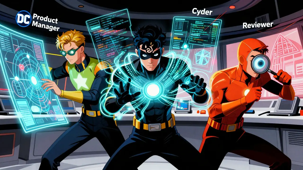 Team of AI agent personas working together in a futuristic command center.