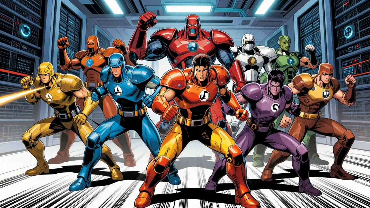 Tech warriors representing quantization methods in epic confrontation