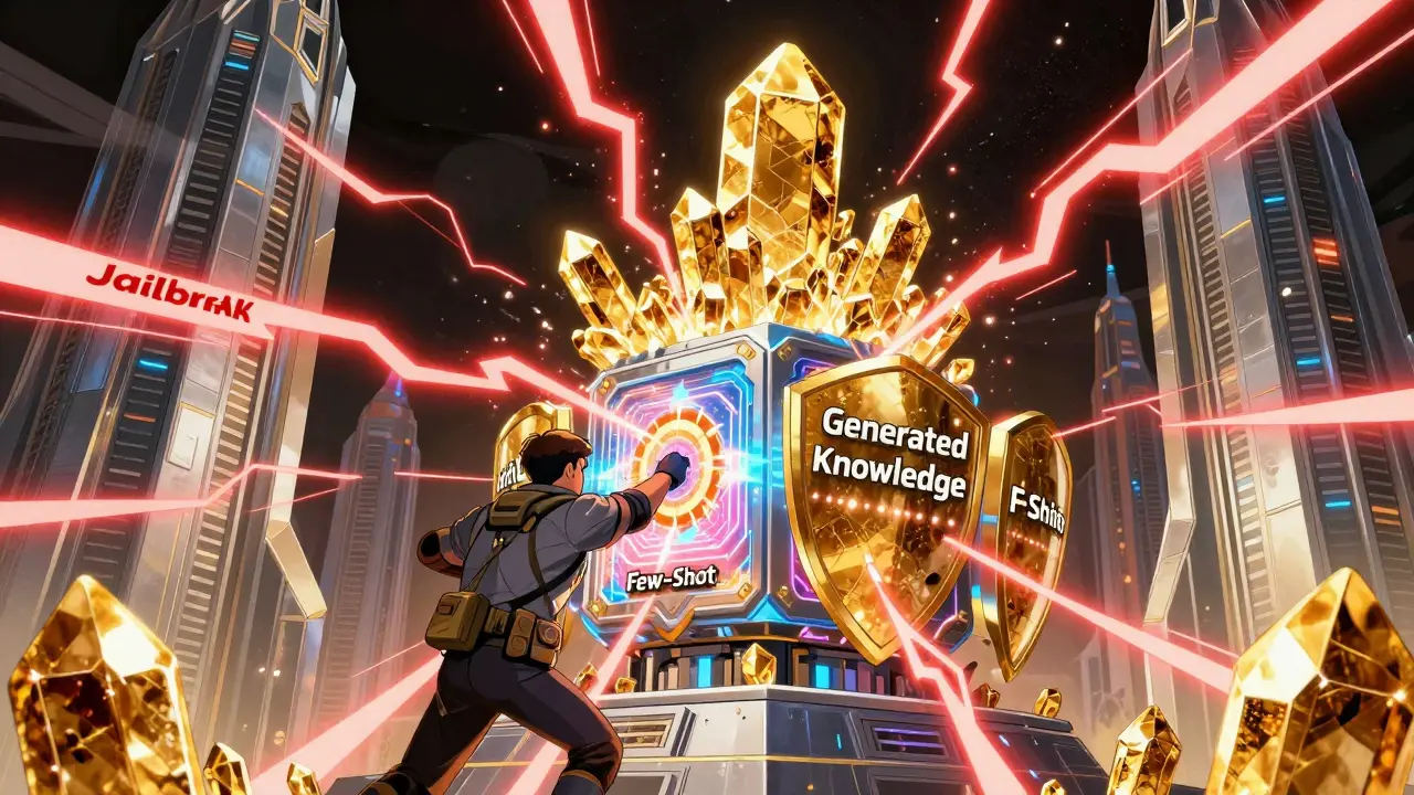 Technician strengthening an AI core with golden crystals to block red lightning strikes.