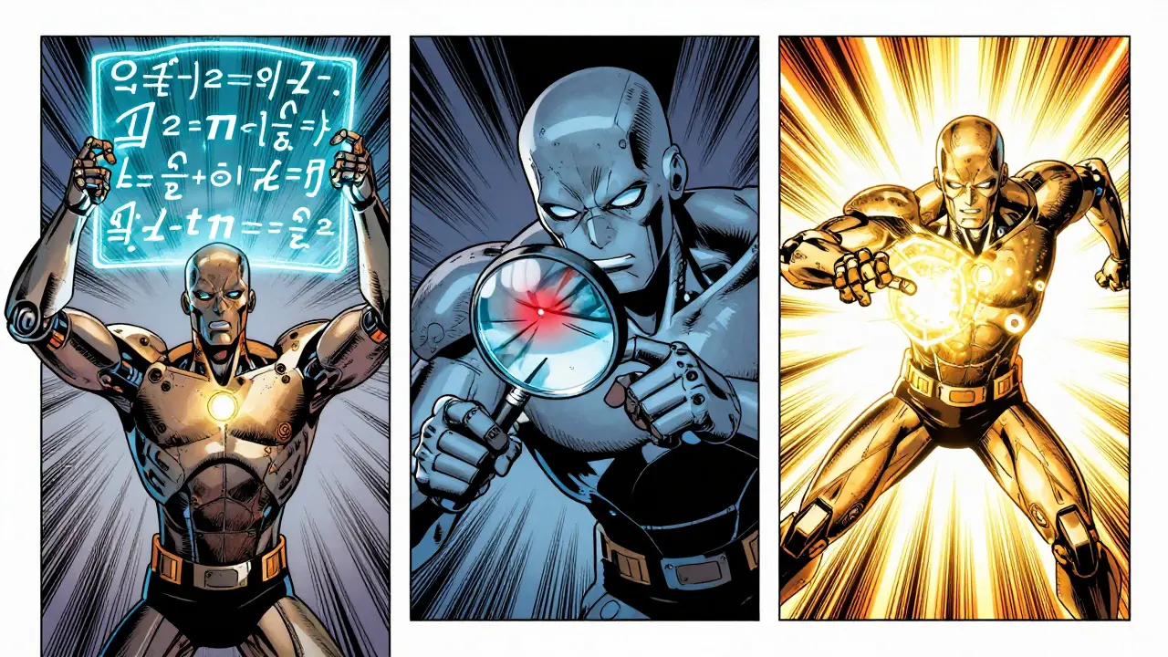 Three-panel comic sequence showing an AI generating, verifying, and revising a mathematical equation