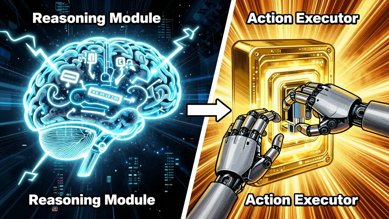 Visual representation of the ReAct framework with a cosmic brain and robotic API connector.