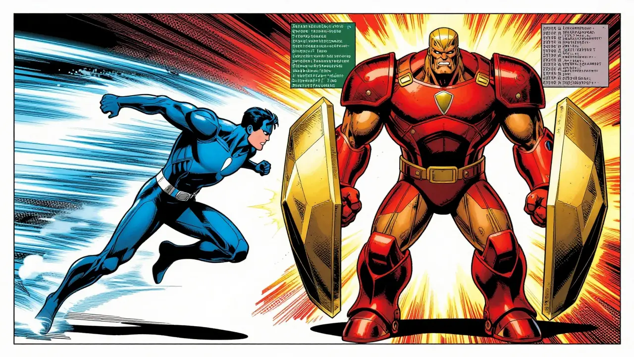 Agile few-shot hero vs stable fine-tuning titan in a DC comic battle scene.
