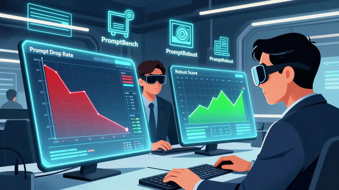 Analysts monitoring AI prompt robustness metrics on screens