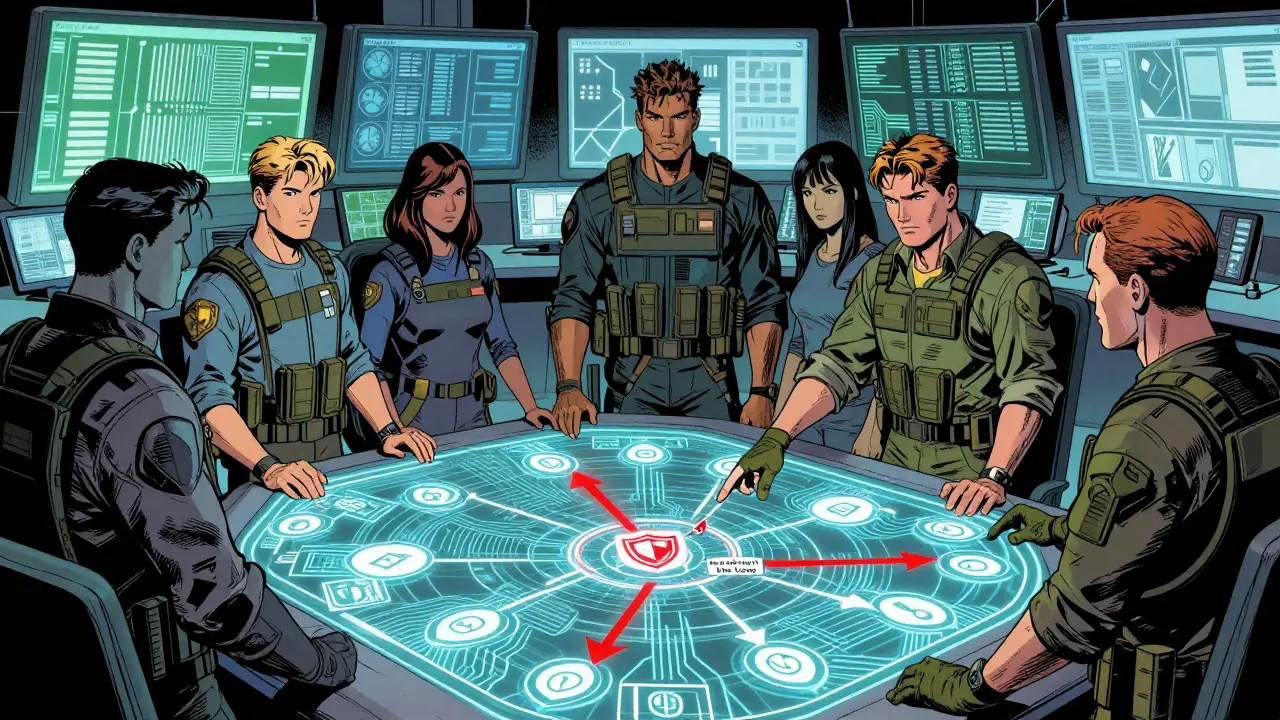Analysts reviewing holographic security gates with human oversight icon