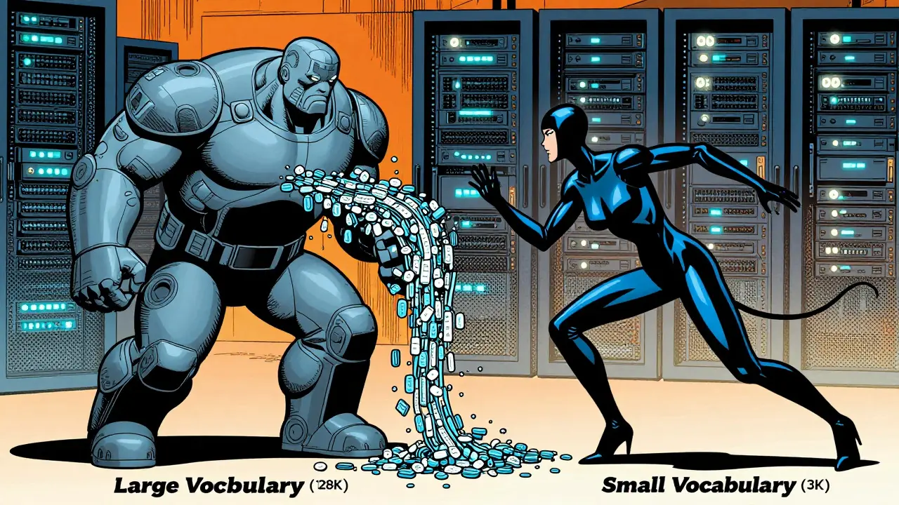 Comic art showing trade-off between large vocabulary memory usage and small vocabulary speed.