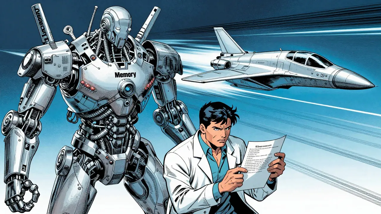 Comic illustration showing memory load vs speed in transformer architectures