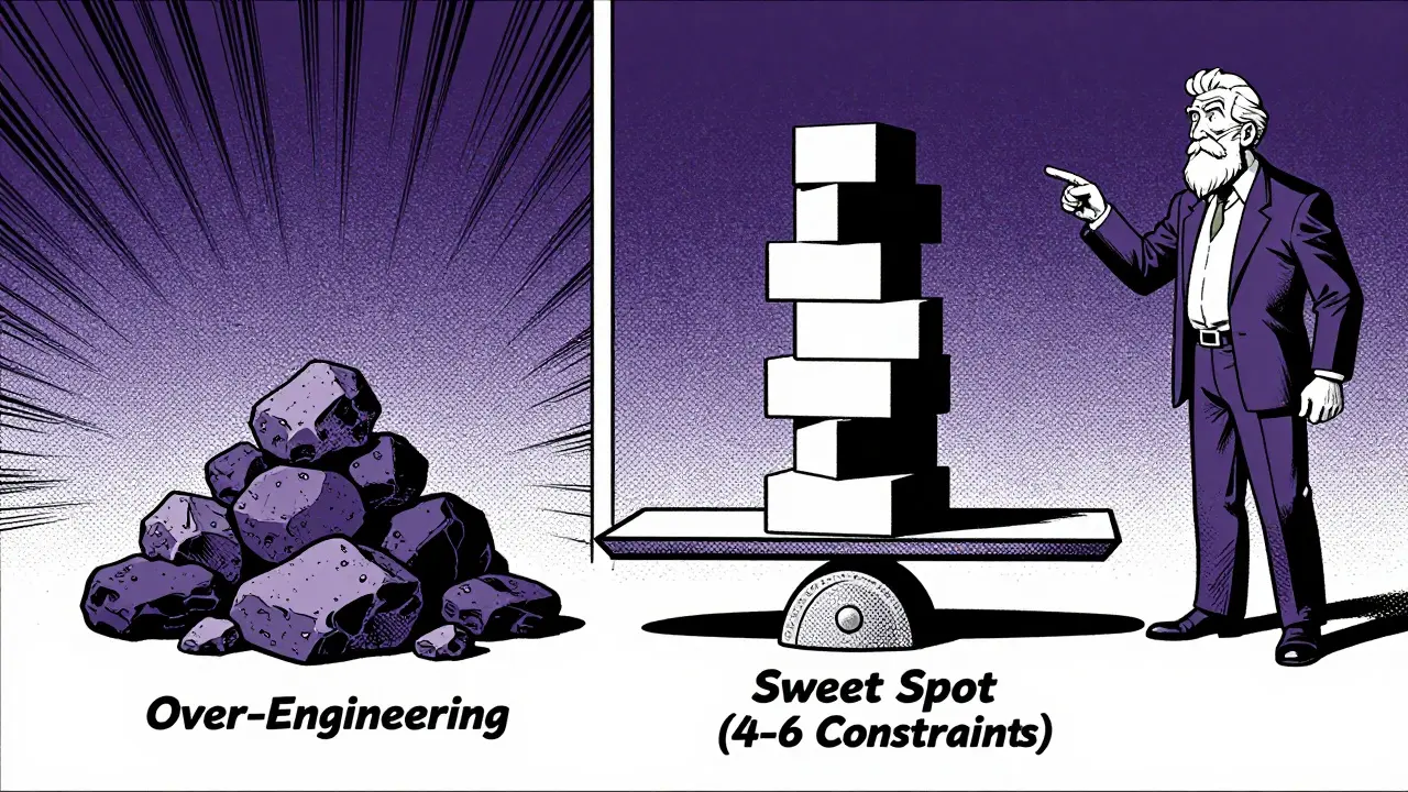 Comic panel showing a balanced scale between over-engineering and optimal prompt constraints.