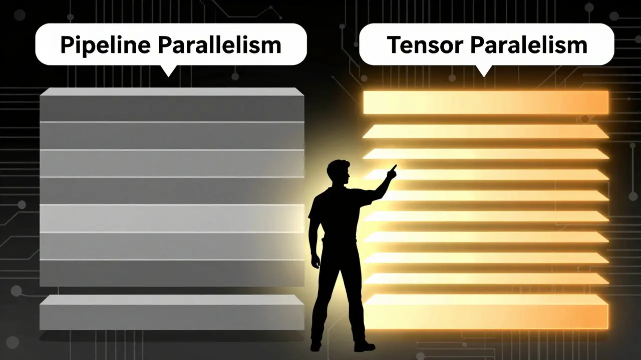 Comparison of pipeline vs tensor parallelism showing efficiency differences in layers.