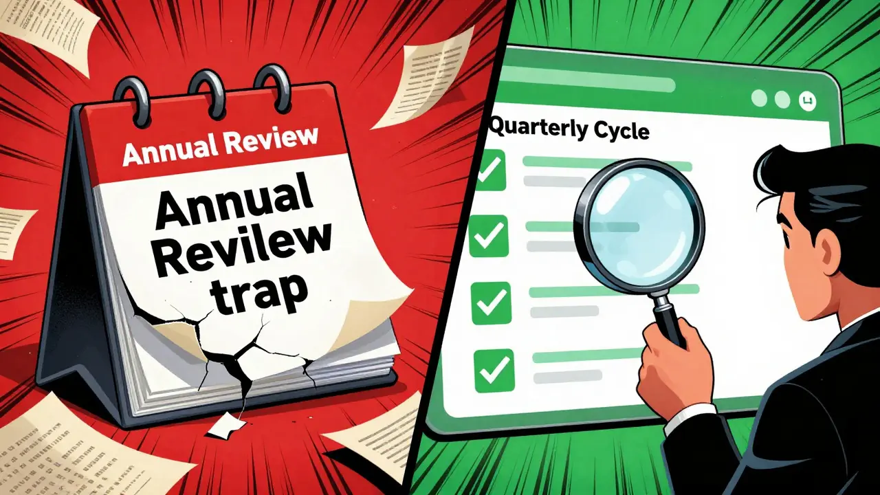 Contrast between chaotic annual reviews and efficient quarterly cycles.