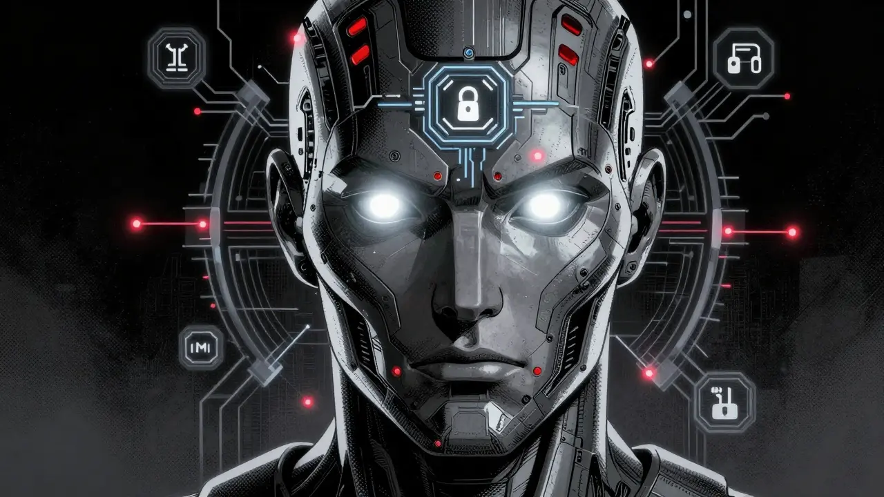 Cybernetic AI agent face with security shields in DC comic art style