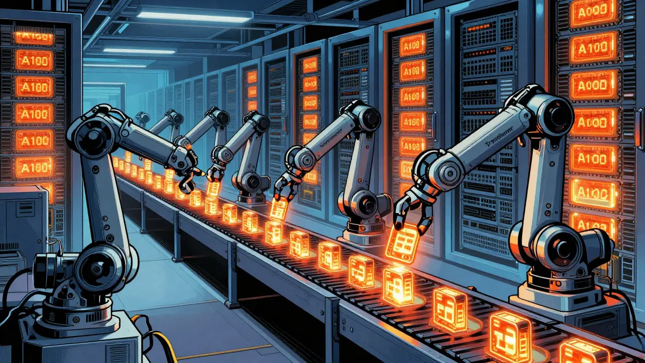 DC comics style illustration of robotic arms processing sequential data tokens on servers.