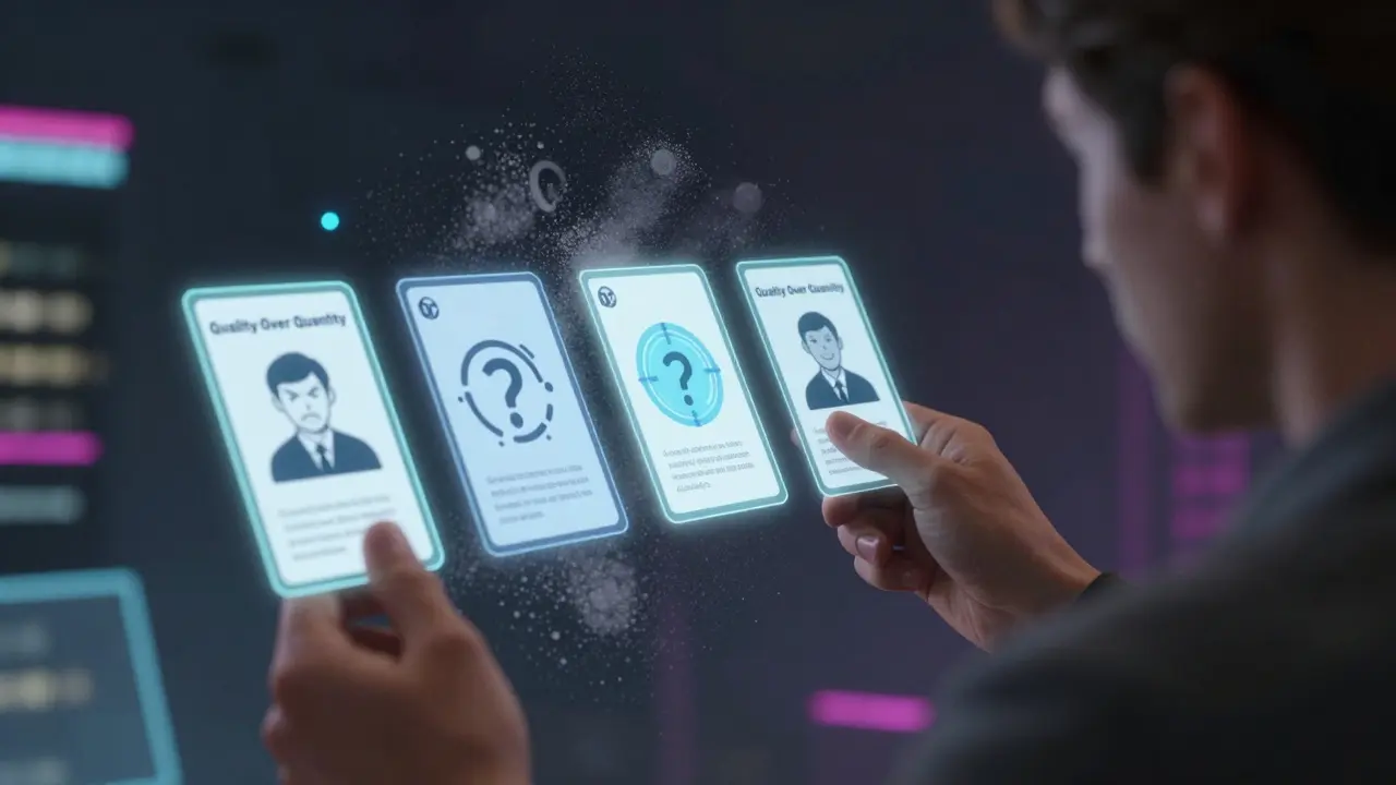Detective carefully selecting key example cards while discarding irrelevant ones in a dark setting.