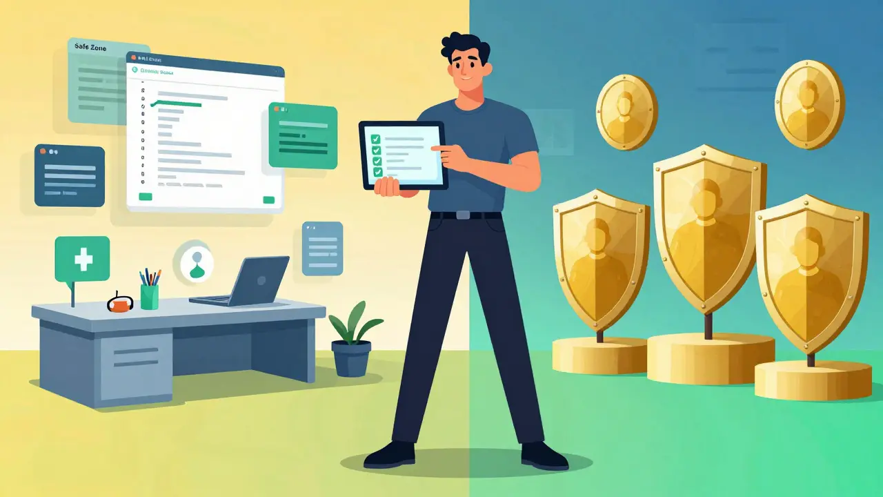 Developer managing safe coding zones with governance tools and human oversight.