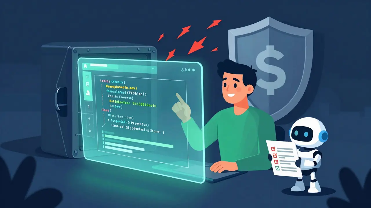 Developer safely reviewing code changes with AI assistance and version control.