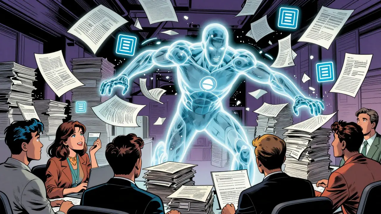 Digital AI hero organizing data efficiently while office workers observe with relief.