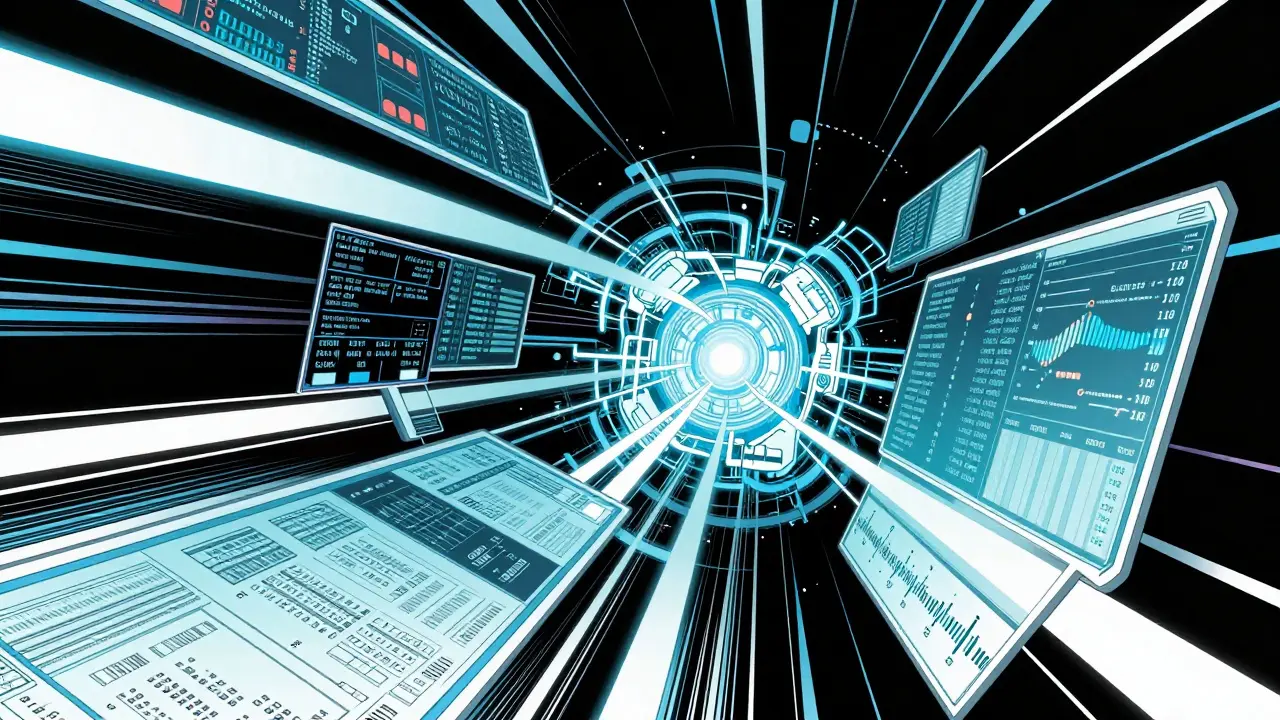 Digital data streams feeding an AI core in DC comic art