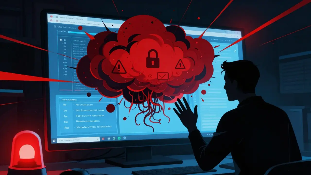 Digital representation of security vulnerabilities emerging from a computer screen.