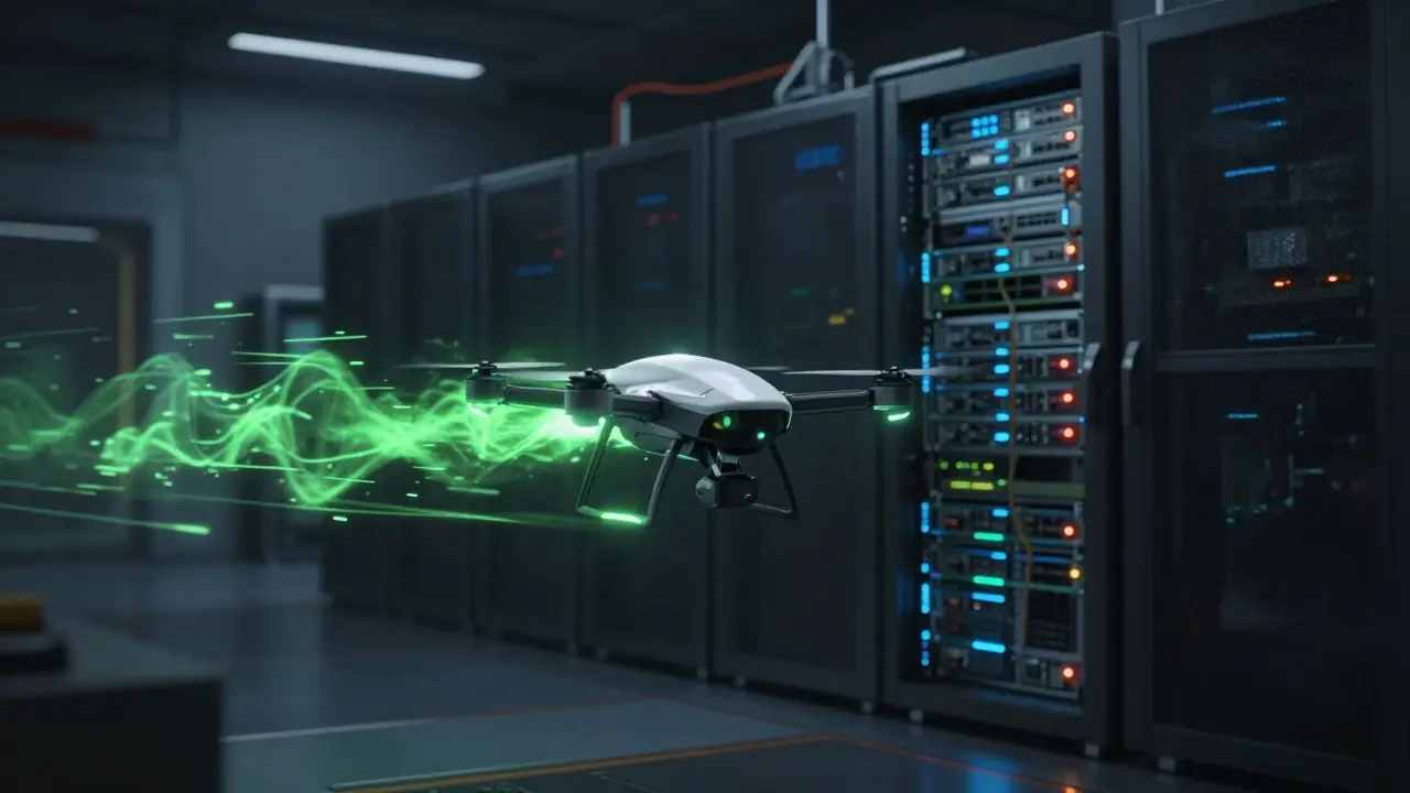 Efficient small AI drone moving fast past a large server in DC comic book style.