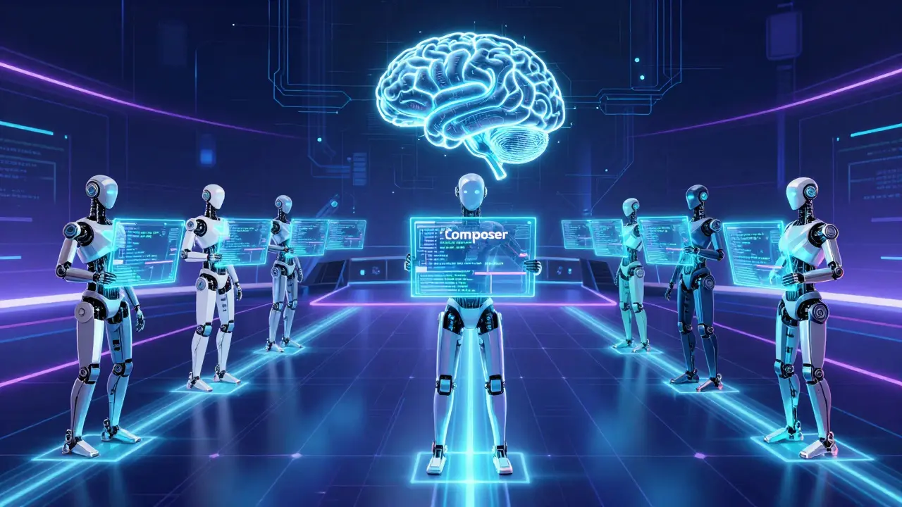 Eight AI agents working in parallel on code files, connected by synchronized light beams.
