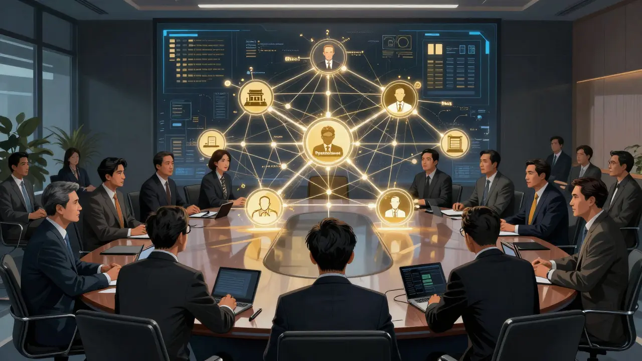 Executives reviewing a glowing network map of strategic AI alignment in a boardroom.
