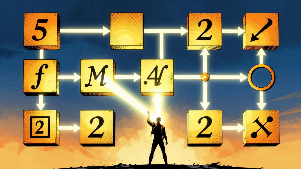 Figure guiding a beam of light through geometric shapes to visualize step-by-step logical reasoning.