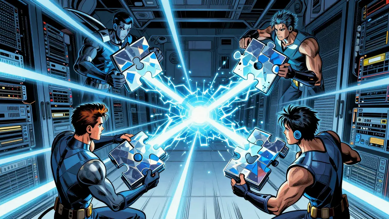 Four GPUs working together with energy beams, splitting a neural network task.